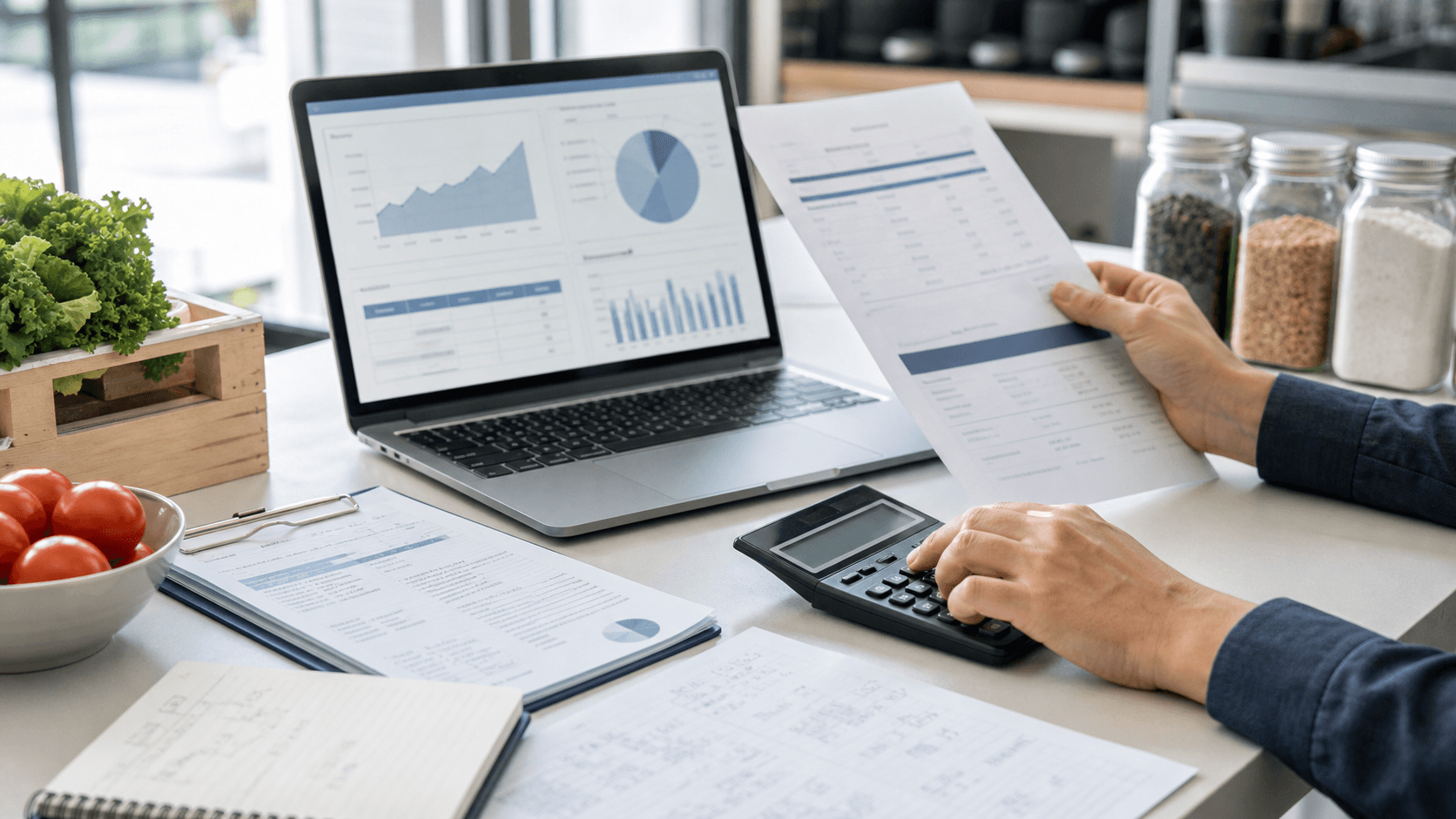 Scrivania di ristorante con laptop, fatture e calcolo del food cost